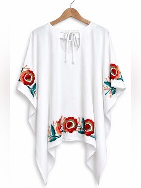 American Tourist | White Embroidered Boho Poncho Top | Floral Kaftan Blouse M